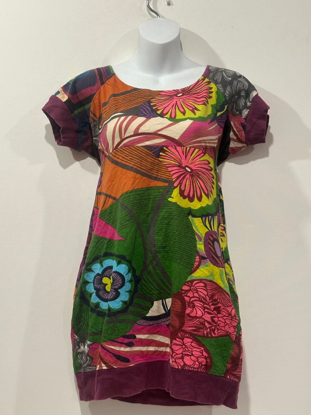 Vintage Desigual Multi Floral Abstract Print Banded T-Shirt Mini Dress M